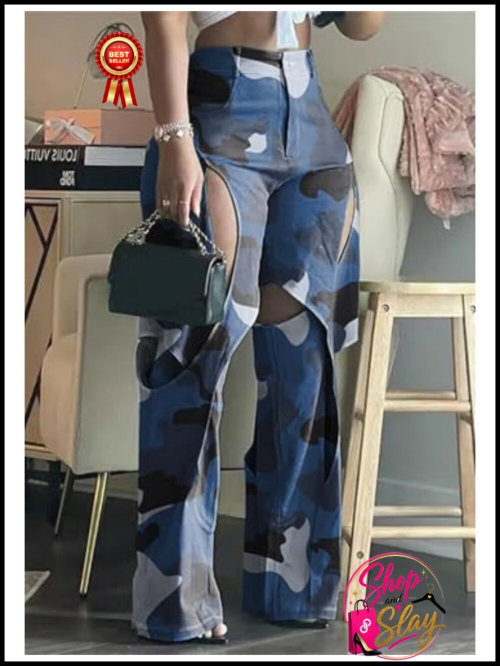 Camo Cargo Pants High Waisted Straight Leg Hollow Out Streetwear